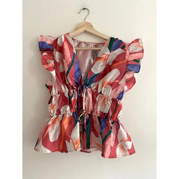 HUTCH Loni Brick Textured Orchids Ruffle Top Size Small NEW - Picture 4 of 8